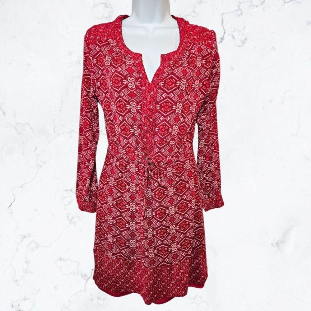Alya Red & White Geometric Print Boho Western Long Sleeve Dress